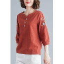 Fancy Women's Tee Top Solid Color Cotton and Linen Button Design Floral Embroidered Half Sleeves V Neck Regular Fitted T-Shirt