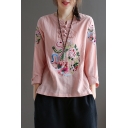 Fancy Women's Tee Top Frog Button Detail Floral Embroidered Round Neck Long Sleeves Regular Fitted T-Shirt