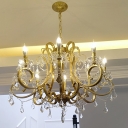Gold 6/8/12 Lights Ceiling Pendant Traditional Metal Candle Chandelier with Scrolled Arm and Crystal Drop