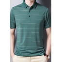 Basic Mens Business Polo Shirt Horizontal Stripe Pattern Button Detail Turn-down Collar Slim Fit Short Sleeve Polo Shirt