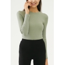 Basic Women's Tee Top Solid Color Crew Neck Long Sleeves Elasticity Slim Fitted Bottoming T-Shirt