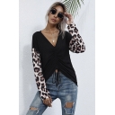 Womens Sexy Leopard Pattern Patched Long Sleeve V-neck Drawstring Front Waffled Fit Tee