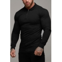 Leisure Mens T-Shirt Solid Color 1/4 Zip Collar Turn-down Collar Long Sleeves Fitted Tee Top