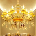 6/8/12-Head Jade Hanging Chandelier Traditional Gold Candle Restaurant Ceiling Pendant with Crystal Droplet