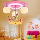 Milk Glass Dome Flush Mount Lamp Kids 3-Light Pink Close to Ceiling Light with Carousel Deco