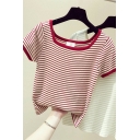 Fancy Women's Tee Top Stripe Pattern Contrast Trim Square Neck Short-sleeved Slim Fitted T-Shirt