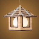 Small/Large House Shaped Ceiling Light Japanese Bamboo Single Wood Pendant Lighting with Inner Dome White Glass Shade
