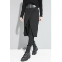 Formal Womens Pants Belted Waist Patchwork Ankle Skinny Pants in Black