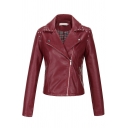 Stylish Cool Girls' Long Sleeve Notch Collar Zipper Front Rivet Button Decoration Pockets Side Fitted Plain Leather Jacket