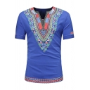 Ethnic Mens Tee Top Floral Print Short Sleeve V-neck Slim Fit T Shirt in Blue