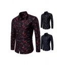 Casual Shirt Ditsy Floral Print Long Sleeve Point Collar Button Up Slim Fit Shirt for Guys