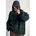 Ethnic Female Long Sleeve Crew Neck Geometric Print Relaxed Sweater-Knit Top in Green