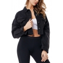 Stylish Ladies Jacket Plain Long Sleeve Spread Collar Button Up Loose Fit Cropped Denim Jacket