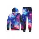 Unique Men's Co-ords Space Galaxy 3D Print Front Pocket Long Sleeves Drawstring Hooded Sweatshirt with Pants Set