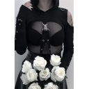 Gothic Girls Hoodie Long Sleeve Cold Shoulder Straps Embellished Super Cropped Hoodie in Black