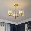 Cup Shaped Ceiling Hang Light Post-Modern Prismatic Crystal 3-Bulb Bedroom Chandelier in Gold