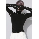 Trendy Women's Tee Top Contrast Piping High Neck Long Sleeves Slim Fitted T-Shirt