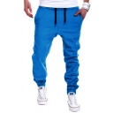 Fancy Men's Pants Solid Color Side Pockets Drawstring Low Waist Ankle Tied Regular Fitted Pants