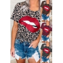 Trendy Women's Tee Top Lips All over Leopard Print Crew Neck Short Sleeves Regular Fitted T-Shirt