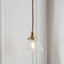 Brass 1-Light Hanging Lamp Industrial Clear/Clear Ribbed Glass Conical Ceiling Pendant over Dining Table