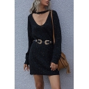 Cool Girls Black Long Sleeve V-cut Neck Short Relaxed Dress