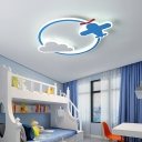 Small/Large Airplane and Cloud Flush Light Kids Acrylic Blue LED Circle Ceiling Mounted Lamp in Warm/White Light