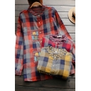Leisure Women's Shirt Plaid Pattern Plant Embroidered Button Closure Long Sleeves Relaxed Fit Shirt