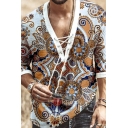 Fancy Men's Tee Top Tribal Ethnic Floral Print Lace up Front Half Sleeves Regular Fitted T-Shirt