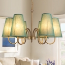 Flaxen/Blackish Green Cone Hanging Light Vintage Fabric 6 Bulbs Living Room Chandelier with Undulated Arm