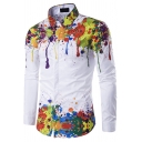 Simple Shirt White Colorful Ink Print Long Sleeve Turn Down Collar Button Up Slim Fit Shirt Top for Guys