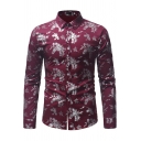 Mens Popular Shirt All Over Floral Print Long Sleeve Turn Down Collar Fitted Shirt Top