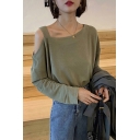 Elegant Women's Tee Top Hollow out Cold Shoulder Solid Color Long Sleeves Regular Fitted T-Shirt