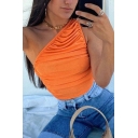 Trendy Women's Tank Top Solid Color Pleated Ruched Detail One Shoulder Sleeveless Slim Fitted Cami Top