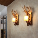 Single Moose Horn Wall Lamp Rustic Brown Resin Wall Sconce with Cup Beige Glass Shade