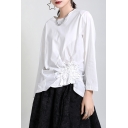Fancy Women's Tee Top Solid Color Round Neck Pleated Patch Long Sleeves Regular Fitted T-Shirt