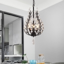 Crystal Branch Pendant Chandelier Rustic 3 Lights Dining Room Ceiling Suspension Lamp in Black