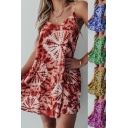 Fancy Women's Swing Dress Tie Dye Pattern Spaghetti Strap Scoop Neck Sleeveless Regular Fitted Short Swing Dress