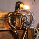 Metal Water Pipe Man Night Lamp Steampunk Style 1 Head Bedroom Table Light in Brass