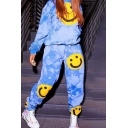 Stylish Women's Co-ords Smile Tie Dye Pattern Front Pockets Long Sleeves Banded Hem Drawstring Hooded Sweatshirt with High Waist Stacked Pants Set