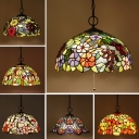 3 Bulbs Pendant Light Tiffany Morning Glory/Grape/Sunflower Patterned Dome Stained Glass Hanging Lamp in Black with/without Pull Chain