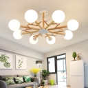 Wooden Branch Pendant Lighting Nordic 6/8 Bulbs Chandelier with Ball White Glass/Cylinder Metal Shade