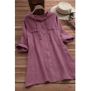 Fashionable Women's Shirt Blouse Solid Color Chest Pocket Button Fly Cotton and Linen Long Sleeves Drawstring Hooded Shirt