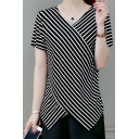 Fancy Women's Tee Top Stripe Pattern Wrap Front V Neck Asymmetrical Hem Short Sleeves Regular Fitted T-Shirt