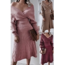 Fancy Set Long Sleeve Surplice Neck Regular Knit Sweater & Mid Pleated A-line Skirt Solid Set for Women