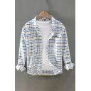 Fancy Men's Shirt Plaid Pattern Chest Pocket Button Fly Long-sleeved Regular Fitted Shirt