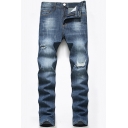 Fancy Men's Jeans Stone Wash Distressed Frayed Side Pocket Zip Fly Long Straight Jeans