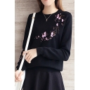 Fresh Asymmetric Embroidery Floral Pattern Long Sleeve Round Neck Sweater