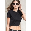 Womens T-Shirt Fashionable Solid Color Ventilation Slim Fitted Round Neck Short Sleeve Cropped T-Shirt
