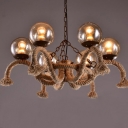 Octopus Hemp Rope Chandelier Cottage 6 Bulbs Living Room Hanging Light in Beige with Globe Smokey Glass Shade