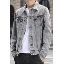 Fancy Men's Denim Jacket Grey Faded Wash Flap Pockets Button Fly Turn-down Collar Long-sleeved Regular Fitted Denim Jacket
